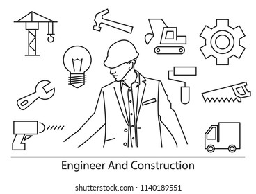 Engineer and construction icons,cunstruction crane,wrench,screwdriver,bulb,hammer,dozer,brush,gears, saw,truck,vector illustrations