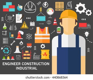 Engineer Construction and Industrial concept background. Flat icons.