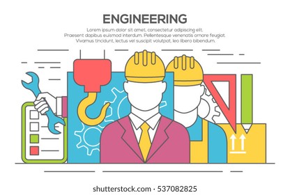 Engineer construction industrial factory manufacturing workers flat banner. Engineer concept design. Civil engineer and construction worker. Illustration of engineering, thin line, flat design