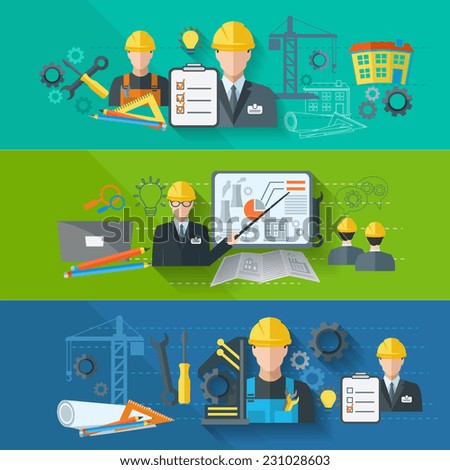 Engineer construction industrial factory manufacturing workers flat banner set isolated vector illustration