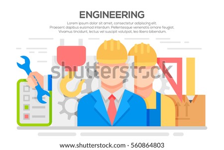 Engineer construction industrial factory manufacturing workers flat banner. Engineer concept design. Civil engineer and construction worker. Illustration of engineering,