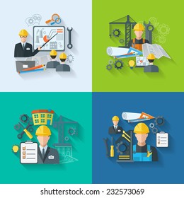 Engineer construction manufacturing workers with gears drafts and tools flat icons set isolated vector illustration