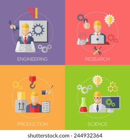 Engineer construction manufacturing workers with gears drafts and tools flat icons set isolated vector illustration