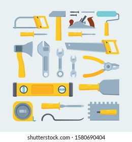 Engineer construction tools and instruments flat illustration set. Mechanic equipment assortment. Saws, wrenches, screwdrivers. Measure tape, pliers. Woodworking facilities isolated on blue background
