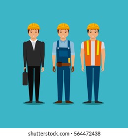 engineer and construction workers cartoon icon over blue background. colorful design. vector illustration