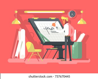 Engineer constructor draws project. Plan drawing architect, sketch architecture design. Vector illustration