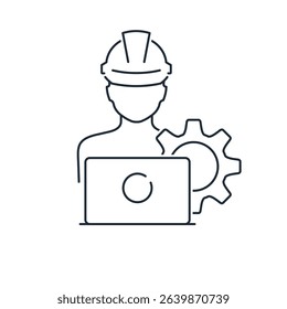An engineer constructor  technologist works on a laptop. Project management.  Vector linear icon illustration isolated on white background.