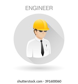 Engineer contractor icon. Professional man with hardhat symbol. Construction developer sign. Avatar profile icon on light gray circle background. Vector illustration.