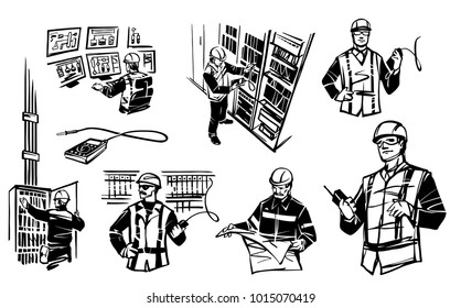 Engineer at the control cabinet RPA.  Engineer sitting at control panel. On the monitor the HMI screen. Separate multimeter. Illustration depicting automation engineers. Engineer with multimeter test.