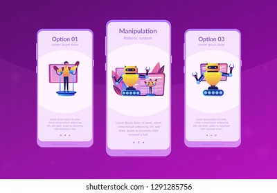 Engineer controlling big robot with remote technology. Remotely operated robots, robot control system, manipulation robotic system concept. Mobile UI UX GUI template, app interface wireframe