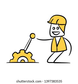 engineer controlling switch yellow doodle and stick figure design