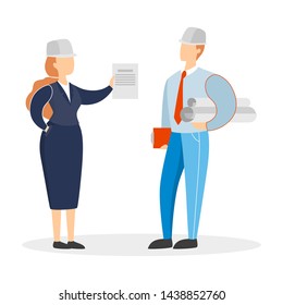 Engineer couple. Female and male character standing in helmet. Construction industry specialist. Isolated flat vector illustration