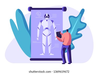 Engineer Create Robot. Artificial Intelligence Futuristic Mechanism Technology. Innovative Look. Man Watching at Figure of Huge Robot on Screen. Robotics Engineering Cartoon Flat Vector Illustration