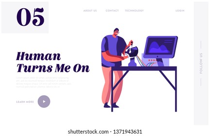 Engineer Creating Robot. Young Man Scientist Working with Robotics Head Lying on Table in Laboratory with Hi-Tech Equipment Website Landing Page, Web Page. Cartoon Flat Vector Illustration, Banner