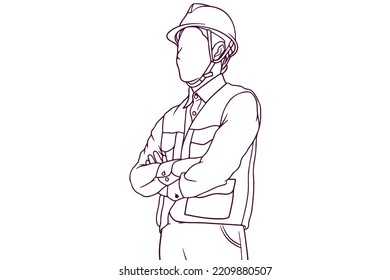 engineer with crossed arm hand drawn style vector illustration