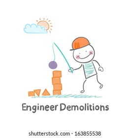 Engineer Demolitions destroys the tower of children's blocks