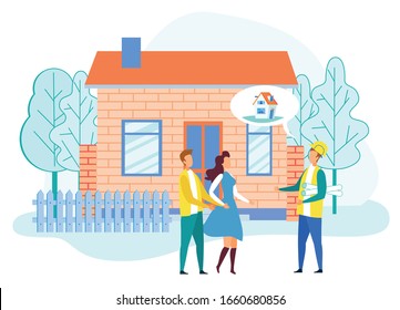 Engineer Describing Project of New House to Young Family Couple Standing near Single Story Cottage in Countryside. Building Company Service, Home Renovation Projection Cartoon Flat Vector Illustration