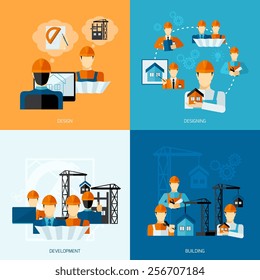 Engineer design concept set with development and building flat icons isolated vector illustration