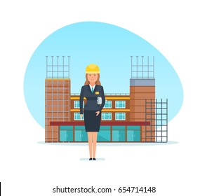 Engineer designer girl, with technical documentation in hand, stands in the background of the building, which is under construction. Vector illustration in cartoon style.