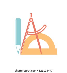 Engineer Designer  Logo, Work Of Architect. Technical Tool: Compass, Protractor, Pencil. Modern Style, Vector Illustration.