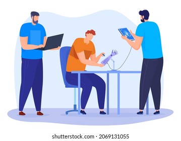 The engineer designs and develops parts using the latest technology. Prosthesis design. Vector illustration on a white background