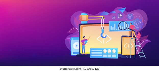 Engineer and developer with laptop and tablet code. Cross-platform development, cross-platform operating systems and software environments concept. Header or footer banner template with copy space.