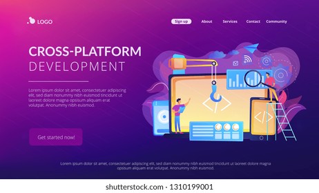 Engineer and developer with laptop and tablet code. Cross-platform development, cross-platform operating systems and software environments concept. Website vibrant violet landing web page template.