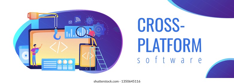 Engineer and developer with laptop and tablet code. Cross-platform development, cross-platform operating systems and software environments concept. Header or footer banner template with copy space.