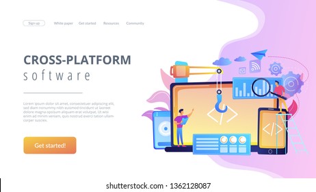 Engineer and developer with laptop and tablet code. Cross-platform development, cross-platform operating systems and software environments concept. Website vibrant violet landing web page template.