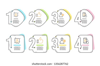 Engineer, Developers chat and Like icons simple set. Star rating sign. Worker with cogwheel, Manager talk, Thumbs up. Phone feedback. People set. Infographic timeline. Line engineer icon. Vector