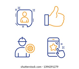 Engineer, Developers chat and Like icons simple set. Star rating sign. Worker with cogwheel, Manager talk, Thumbs up. Phone feedback. People set. Linear engineer icon. Colorful design set. Vector