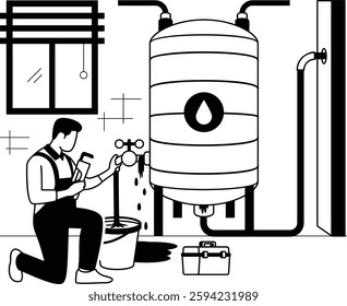 Engineer Diagnosing Fault in Storage System vector design, plumbing worker sketch, Handyman Services drawing, HVAC technician illustration, Plumber doing Water Tank Maintenance leaky faucet concept