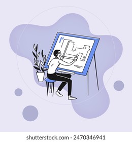 Engineer drawing house blueprint. Architect working on sketch, draft, project flat vector illustration. Engineering, job, building concept for banner, website design or landing web page