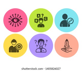 Engineer, Edit user and Artificial intelligence icons simple set. Support consultant, Quiz test and Crowdfunding signs. Worker with cogwheel, Profile data. People set. Flat engineer icon. Vector
