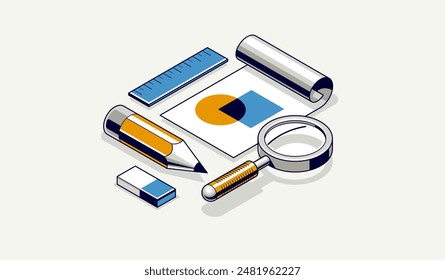 Plan Concepto de educación de ingenieros, dibujo de borrador de proyecto de ingeniería en curso, aprendizaje de estudiante de estudio en la universidad, Vector 3D isométrico icono o logotipo con diseño de papel y lápiz.