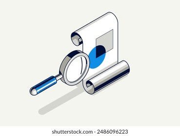 Engineer education concept, engineering project draft plan drawing in progress, learning study student in college, vector 3D isometric icon or logo with paper blueprint and magnifier.