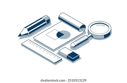 Conceito de educação do engenheiro, projeto de engenharia esboço plano desenho em andamento, estudante de estudo de aprendizagem na faculdade, vetor 3D ícone isométrico ou logotipo com papel blueprint e linha de lupa estilo de arte.