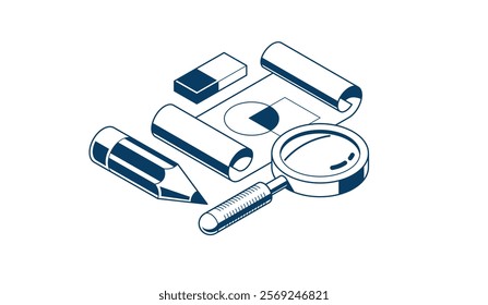 Engineer education concept, engineering project draft plan drawing in progress, learning study student in college, vector 3D isometric icon or logo with paper blueprint and pencil.