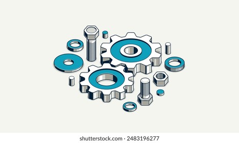 Engineer education concept, gears and cogs composition isometric 3D vector illustration, study science in university, engineering learning.