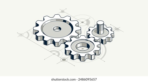 Concepto de educación de ingenieros, Ilustración vectorial 3D isométrica de engranajes y engranajes, estudio de ciencias en la universidad, aprendizaje de ingeniería.