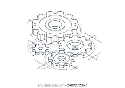 Concepto de educación de ingenieros, Ilustración vectorial 3D isométrica de engranajes y engranajes, estudio de ciencias en la universidad, aprendizaje de ingeniería.