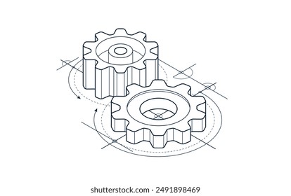 Engineer education concept, gears and cogs composition isometric 3D vector illustration, study science in university, engineering learning.