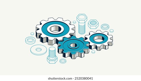 Conceito de educação do engenheiro, engrenagens e composições isométrica 3D vetor ilustração, estudo de ciência na universidade, aprendizagem de engenharia.