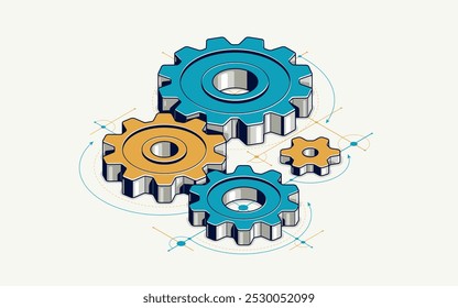 Conceito de educação do engenheiro, engrenagens e composições isométrica 3D vetor ilustração, estudo de ciência na universidade, aprendizagem de engenharia.