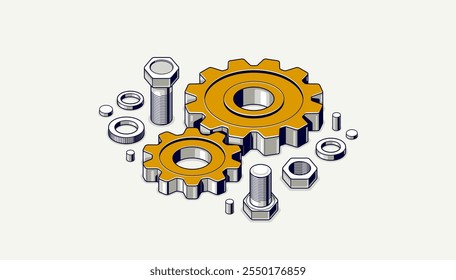 Engineer education concept, gears and cogs composition isometric 3D vector illustration, study science in university, engineering learning.