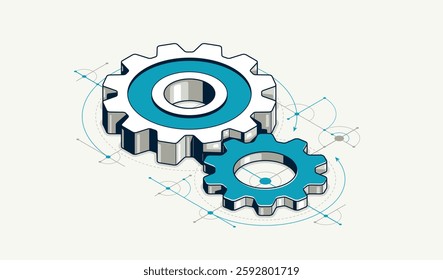Engineer education concept, gears and cogs composition isometric 3D vector illustration, study science in university, engineering learning.