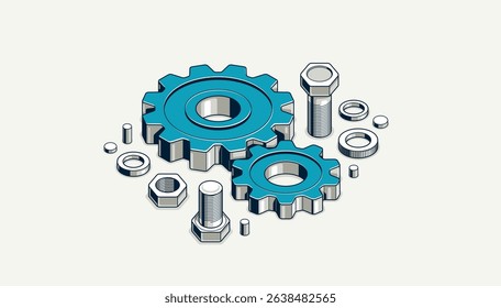 Engineer education concept, gears and cogs composition isometric 3D vector illustration, study science in university, engineering learning.