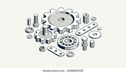 Engineer education concept, gears and cogs composition isometric 3D vector illustration, study science in university, engineering learning.