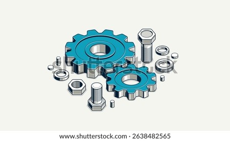 Engineer education concept, gears and cogs composition isometric 3D vector illustration, study science in university, engineering learning.