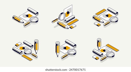 Engineer education concept set, engineering project draft plan drawing in progress, learning study student in college, vector 3D isometric icon or logo with paper blueprint and pencil.